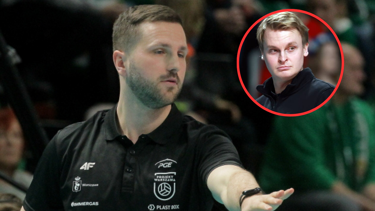 Trener siatk&oacute;wki w czarnej koszulce z logo klubu, obok wizerunek innego mężczyzny