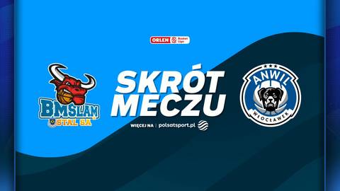 Grafika informacyjna o skrócie meczu koszykówki między Tasomix Rosiek Stal Ostrów Wielkopolski a Anwil Włocławek.