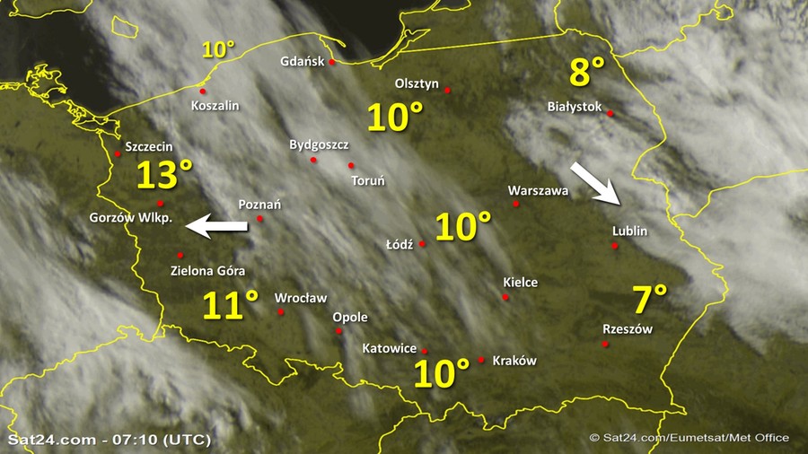 Zdjęcie satelitarne Polski w dniu 22 maja 2020 o godzinie 9:10. Dane: Sat24.com / Eumetsat.