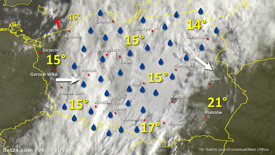 Zdjęcie satelitarne Polski w dniu 21 sierpnia 2019 o godzinie 8:20. Dane: Sat24.com / Eumetsat.