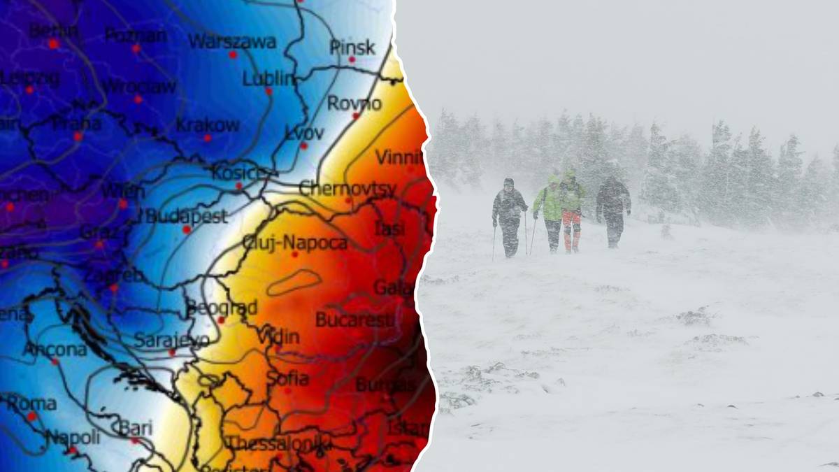 Mapa synoptyczna pokazująca obszary intensywnych opadów śniegu na południu Polski, obok zdjęcie grupy osób idących przez zaśnieżony krajobraz.