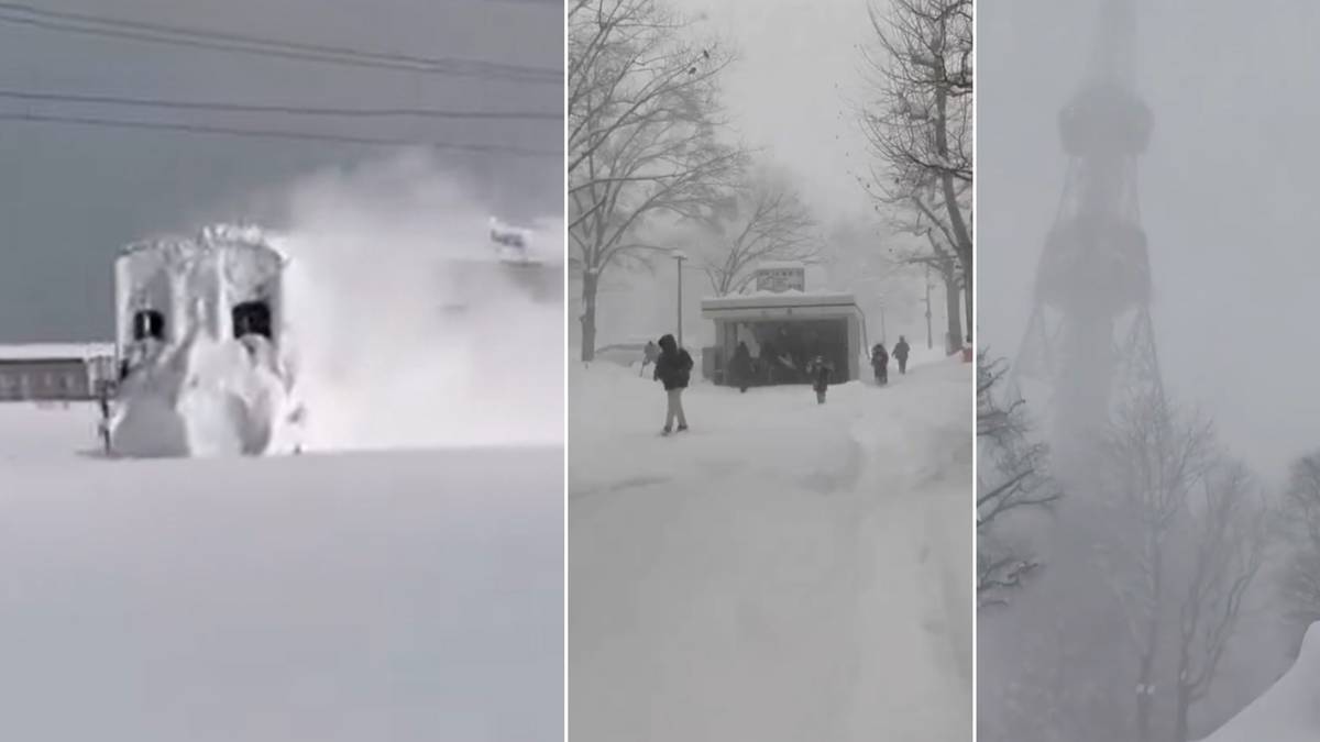 Trzy obrazy pokazujące skutki intensywnych opad&oacute;w śniegu w Japonii: zasypany pociąg, ludzie idący w zasypanej śniegiem ulicy, oraz zamglony widok na budynek.