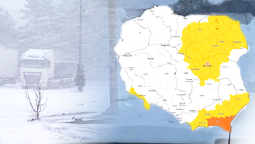 Mapa Polski z zaznaczonymi obszarami objętymi ostrzeżeniami meteorologicznymi, obok widok rozmazanej drogi z samochodem ciężarowym na tle padającego śniegu.