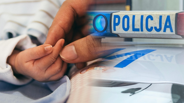 Dłoń dorosłego i dłoń noworodka na tle fragmentu policyjnego koguta.