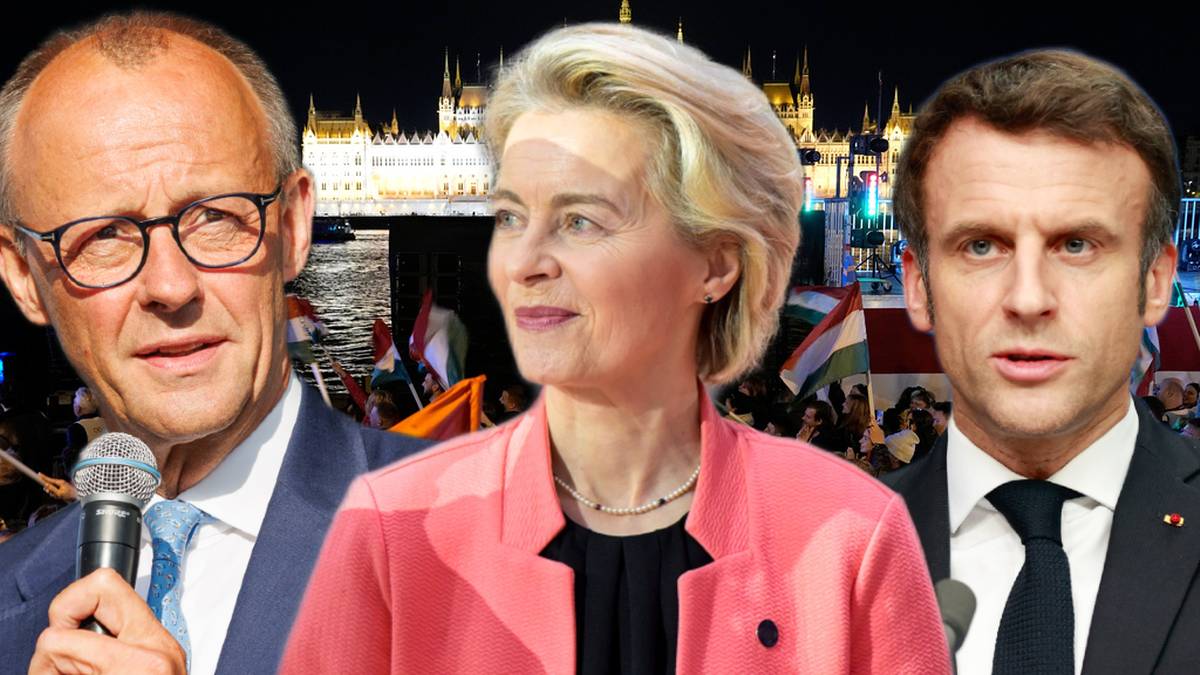 Trzy postacie polityczne: mężczyzna w okularach po lewej, kobieta w różowej marynarce w środku, mężczyzna w garniturze po prawej. W tle widoczne są budynki i flagi.