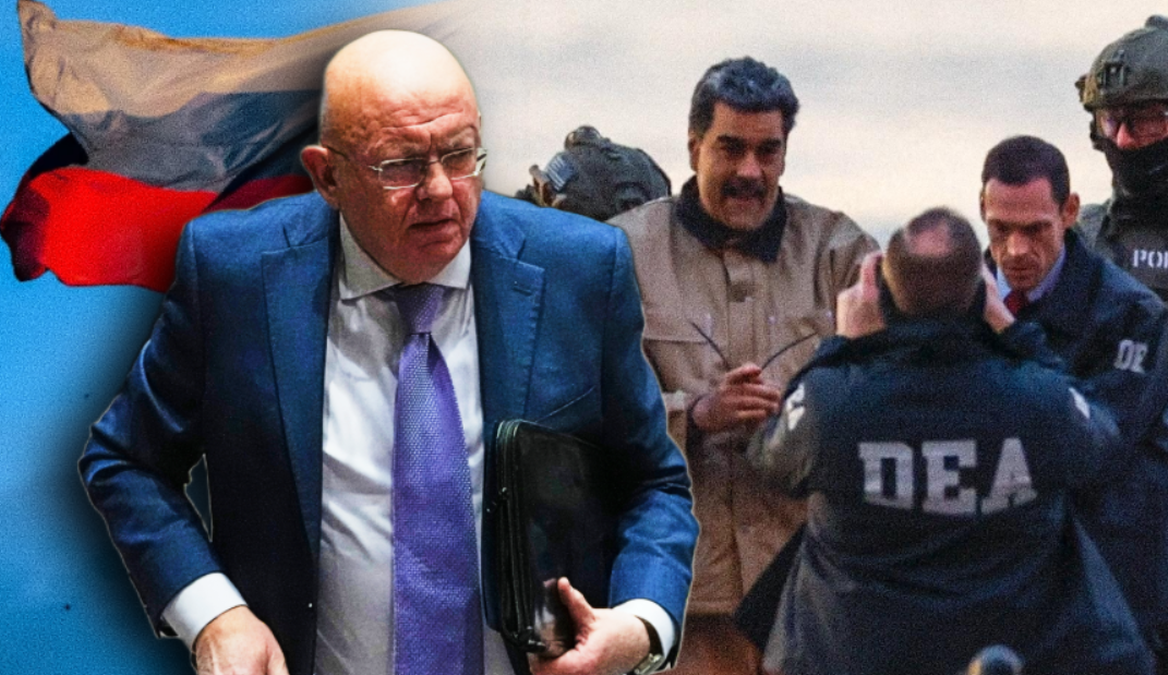 Zjednoczona flaga Rosji i przedstawiciel Rosji przy ONZ Wasilij Niebienzia, w tle Nicolas Maduro otoczony przez agent&oacute;w DEA.