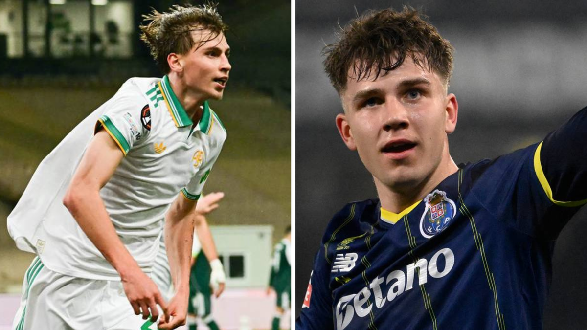 Dwa zdjęcia młodych piłkarzy: po lewej Jan Ziółkowski w białej koszulce z zielonymi elementami, po prawej Oskar Pietuszewski w granatowej koszulce FC Porto.