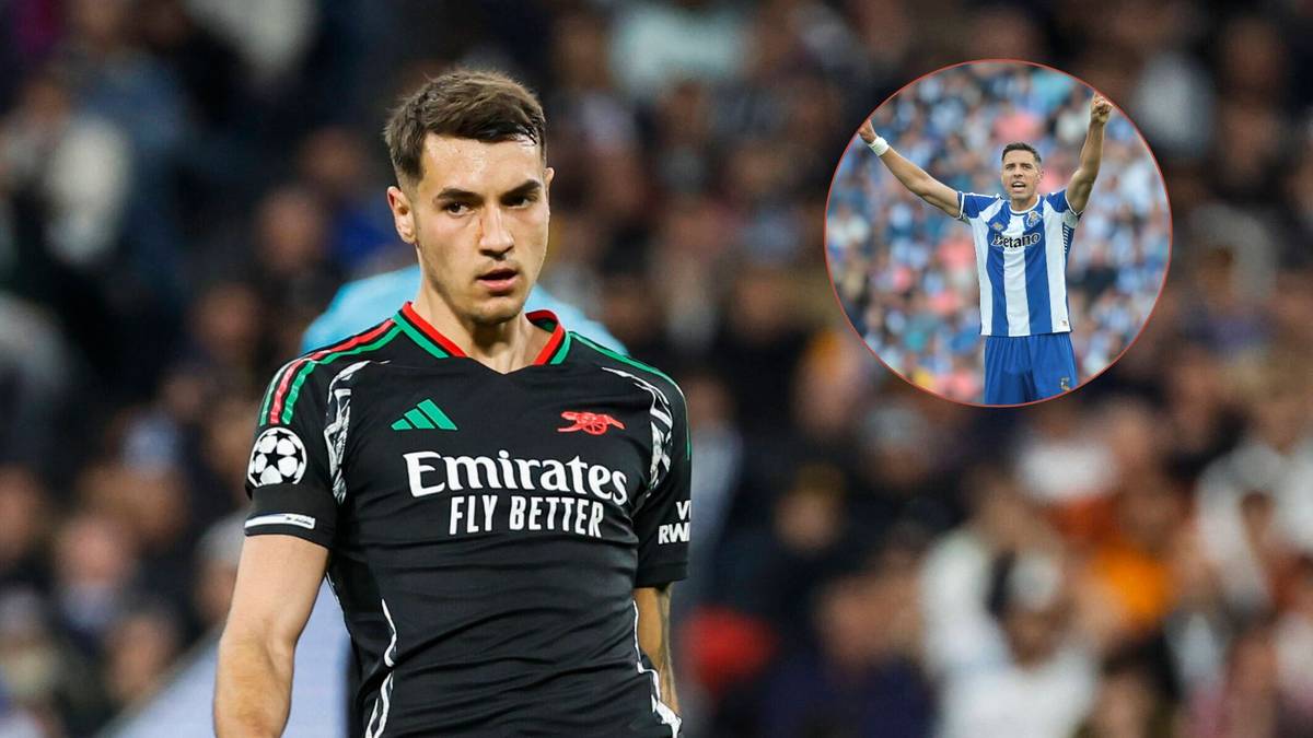 Piłkarz Jan Bednarek w czarnej koszulce z zielonymi i czerwonymi detalami, na której widnieje logo Emirates Fly Better. W prawym górnym rogu obrazu znajduje się okrągłe zdjęcie innego piłkarza w niebiesko-białej koszulce.