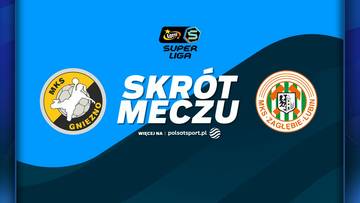 Grafika z napisem "SKR&Oacute;T MECZU" pomiędzy herbem MKS Gniezno a herbem Zagłębia Lubin.