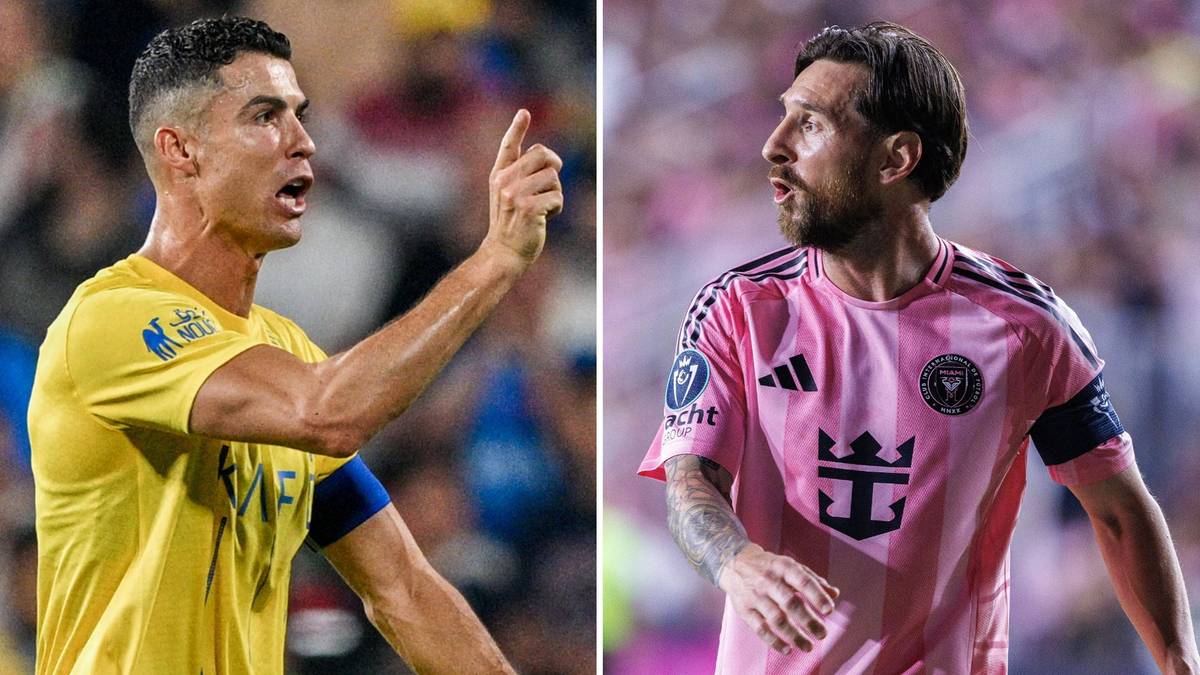 Dwa portrety piłkarzy: Cristiano Ronaldo w żółtej koszulce i Lionel Messi w różowej koszulce.