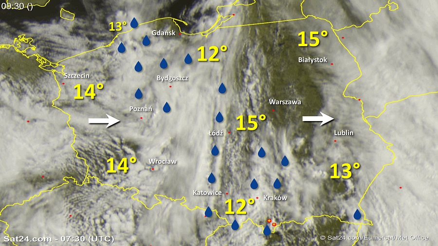 Zdjęcie satelitarne Polski w dniu 23 czerwca 2018 o godzinie 9:30. Dane: Sat24.com / Eumetsat.