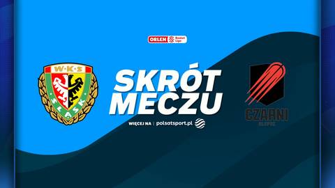 Logotypy drużyn Śląsk Wrocław i Energa Czarni Słupsk na tle napisu "SKR&Oacute;T MECZU".