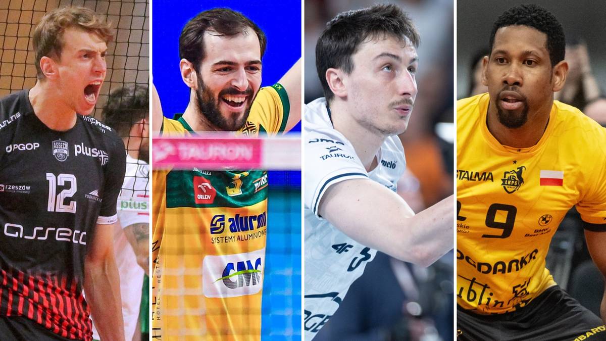 Kolaż zdjęć siatkarzy: zawodnik w czarnej koszulce z numerem 12, zawodnik w ż&oacute;łto-zielonej koszulce, zawodnik w białej koszulce, zawodnik w ż&oacute;łtej koszulce z numerem 9.