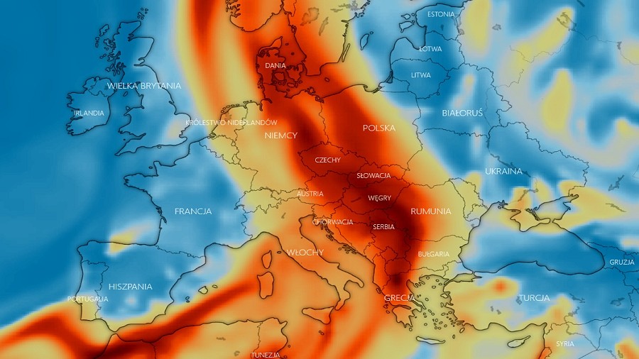 Stężenie dwutlenku siarki w powietrzu nad Europą w niedzielę. Fot. Windy / Copernicus.
