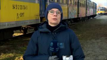 Reporterka Polsat News z mikrofonem przed pociągiem SKM pokrytym graffiti.