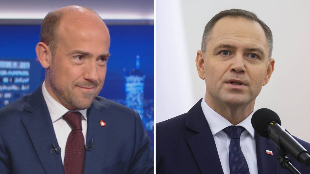 Dwa portrety polityków: po lewej Borys Budka, po prawej polityk w garniturze przemawiający do mikrofonu.