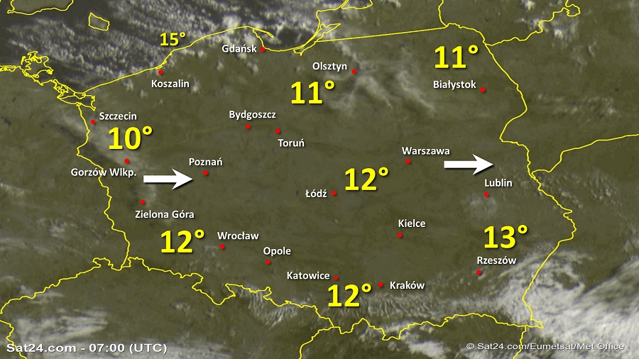 Zdjęcie satelitarne Polski w dniu 14 września 2019 o godzinie 9:00. Dane: Sat24.com / Eumetsat.