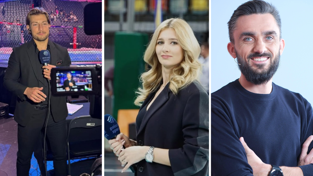 Trzy portrety dziennikarzy sportowych Polsatu Sport. Po lewej mężczyzna w garniturze trzymający mikrofon, w tle klatka oktagonu. W środku kobieta w czarnej marynarce z mikrofonem Polsat Sport. Po prawej mężczyzna w granatowym swetrze z krótkim zarostem.