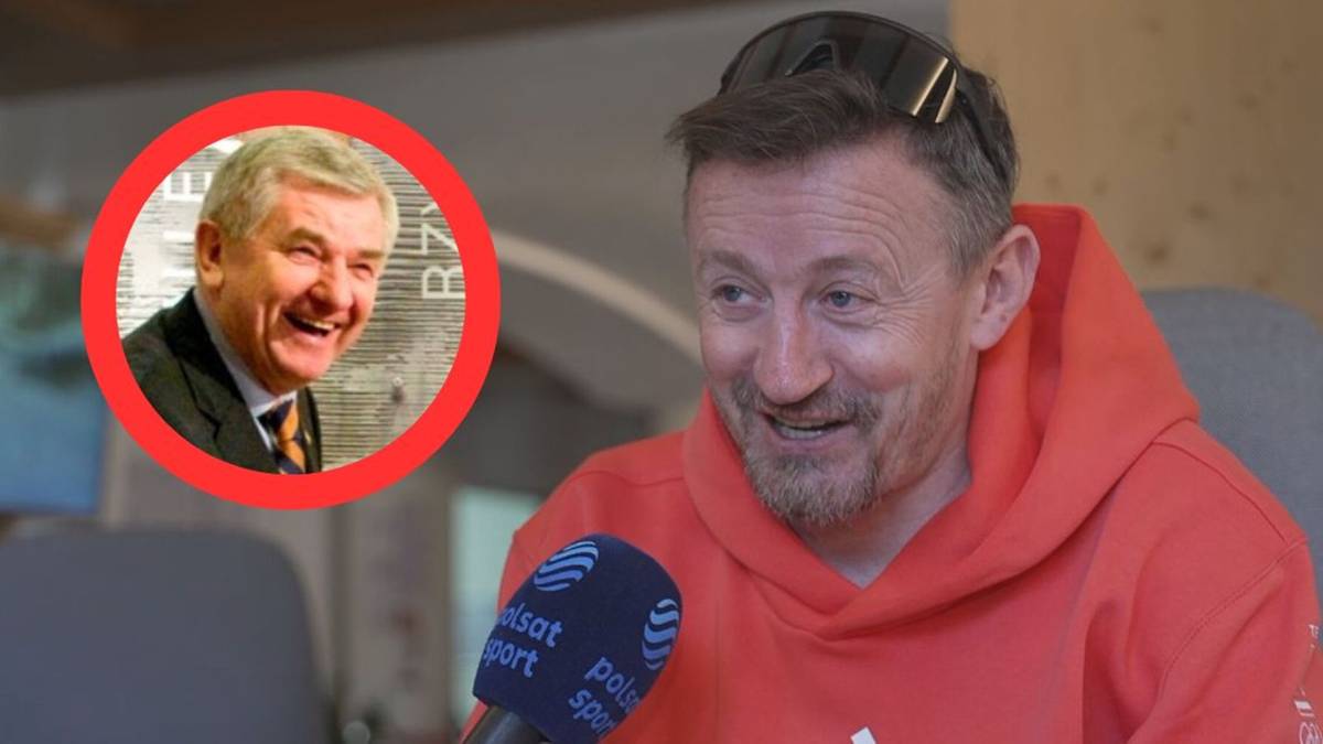 Adam Małysz udziela wywiadu, z lewej strony widnieje jego zdjęcie z młodszych lat w czerwonym okręgu.
