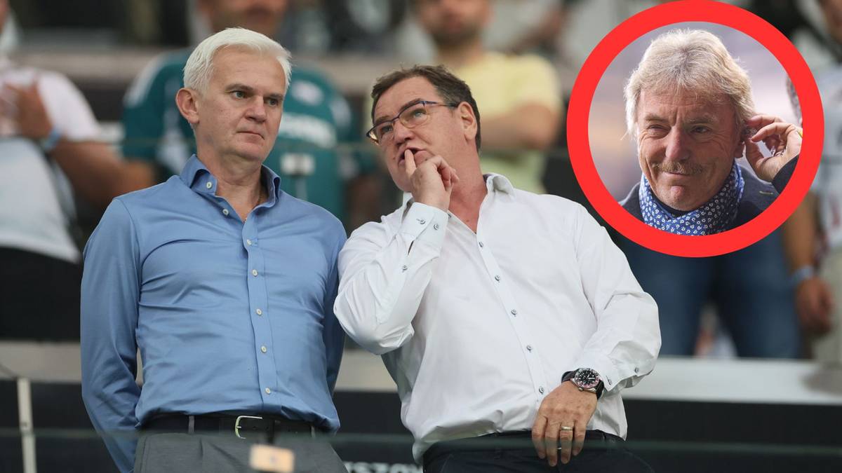 Zbigniew Boniek i Jan Urban stoją obok siebie, jeden z nich pokazuje coś drugiemu. Obok widnieje zdjęcie Zbigniewa Bońka.