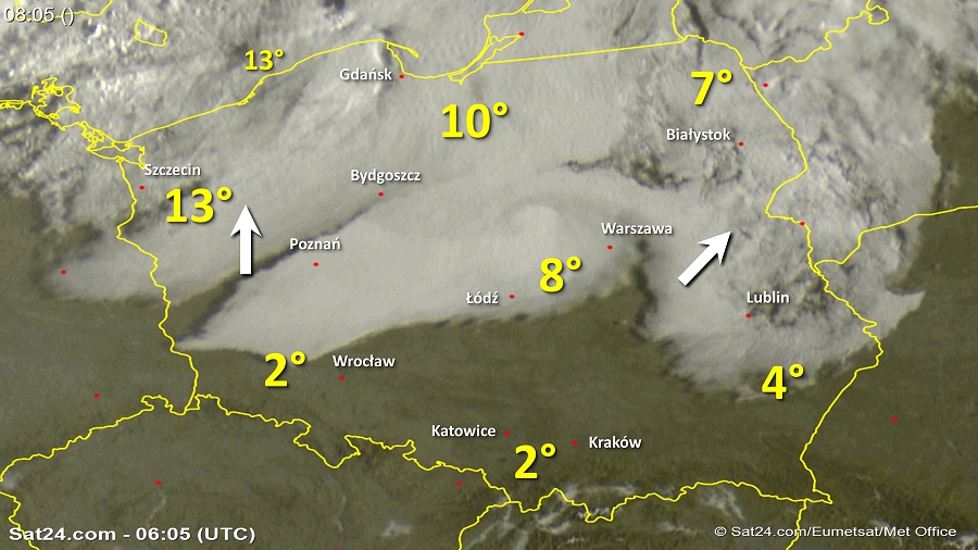 Zdjęcie satelitarne Polski w dniu 5 października 2018 o godzinie 8:05. Dane: Sat24.com / Eumetsat.