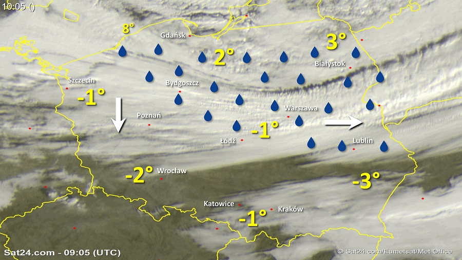 Zdjęcie satelitarne Polski w dniu 18 listopada 2018 o godzinie 10:05. Dane: Sat24.com / Eumetsat.