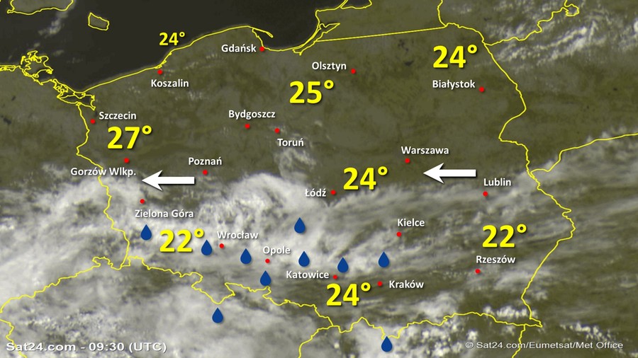 Zdjęcie satelitarne Polski w dniu 15 sierpnia 2020 o godzinie 11:35. Dane: Sat24.com / Eumetsat.