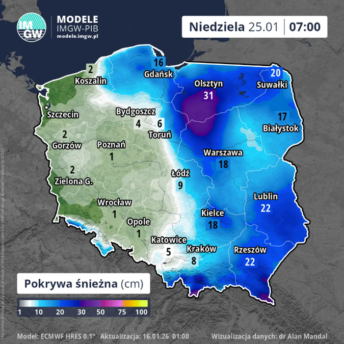 Odwilż nie utrzymała się zbyt długo we wschodniej połowie kraju, więc tam grubość pokrywy śnieżnej wciąż będzie stosunkowo duża
