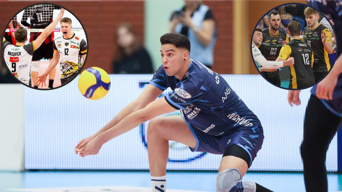 Siatkarz w niebieskim stroju pada do obrony piłki, która leci w powietrzu. W tle widoczni są inni zawodnicy i trybuny.