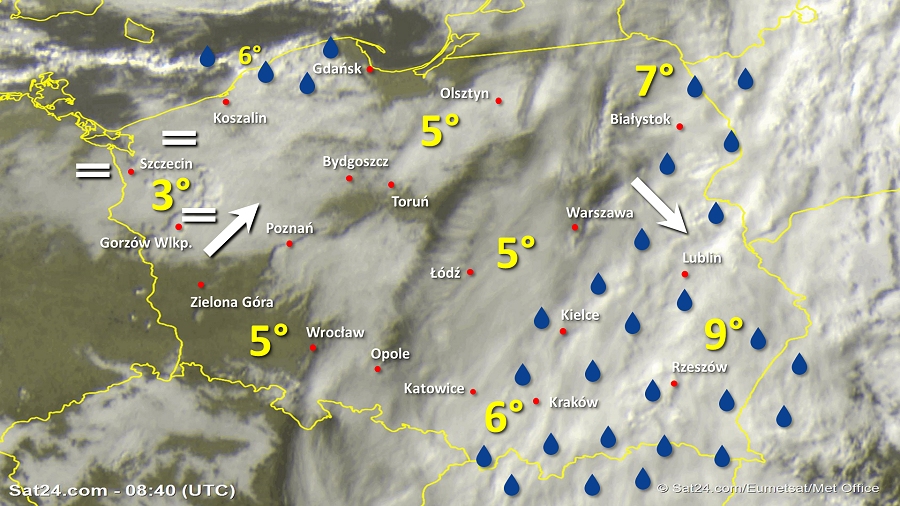 Zdjęcie satelitarne Polski w dniu 10 listopada 2019 o godzinie 9:40. Dane: Sat24.com / Eumetsat.