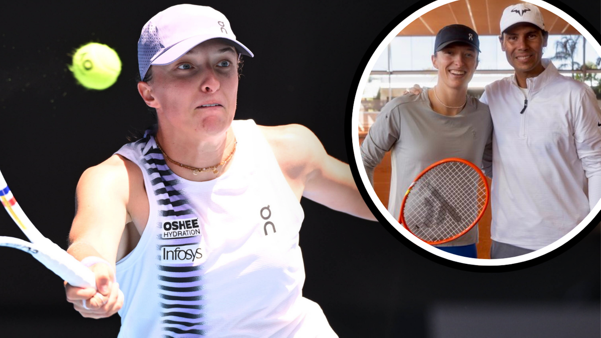 Iga Świątek podczas meczu tenisowego z piłką w powietrzu i zdjęcie z Rafaelem Nadalem.