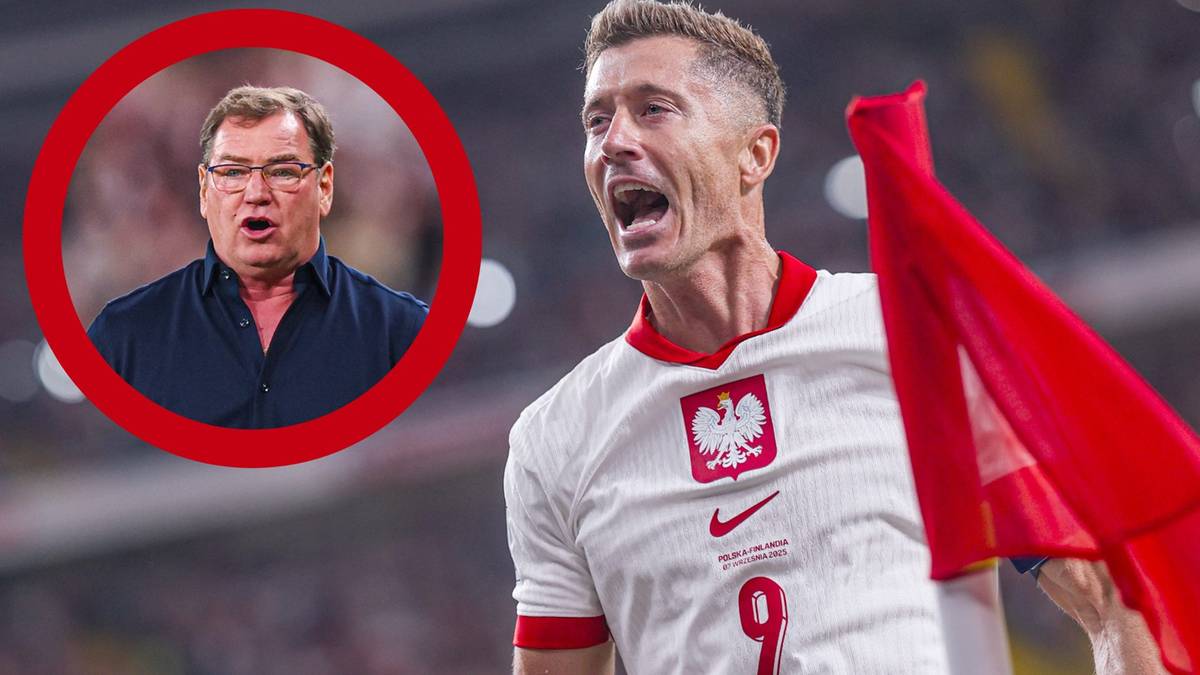 Robert Lewandowski, piłkarz reprezentacji Polski, świętuje zdobycie bramki, trzymając czerwoną flagę. W prawym górnym rogu znajduje się okrągłe zdjęcie Jana Urbana.
