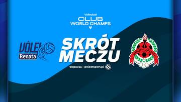 Logo 'Volei Renata' obok napisu 'SKR&Oacute;T MECZU' z logiem klubu Al-Rayyan Sports Club. Tło niebiesko-granatowe.