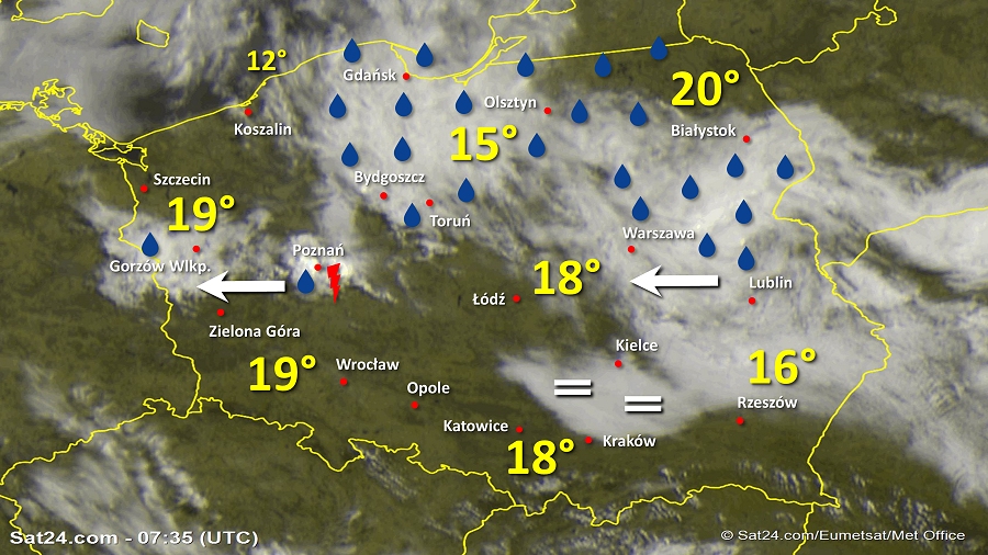 Zdjęcie satelitarne Polski w dniu 19 maja 2019 o godzinie 9:35. Dane: Sat24.com / Eumetsat.