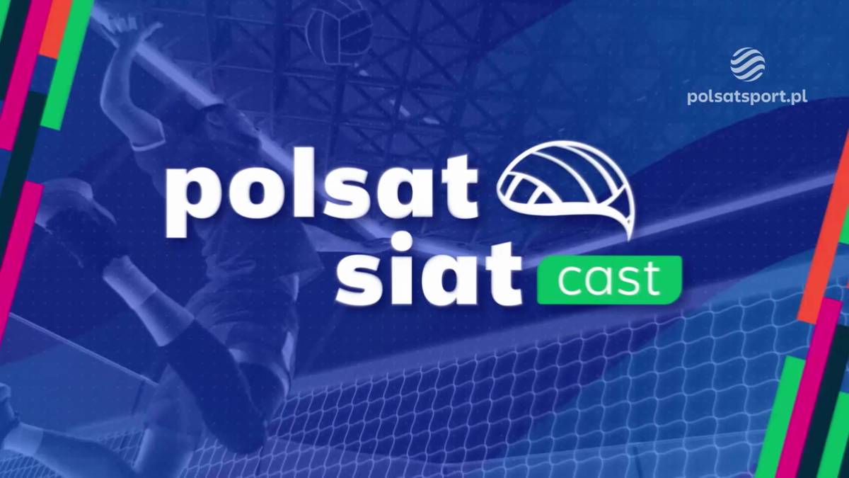 Grafika z napisem Polsat SiatCast i logo Polsat Sport, przedstawiająca zawodnika siatkówki w akcji.