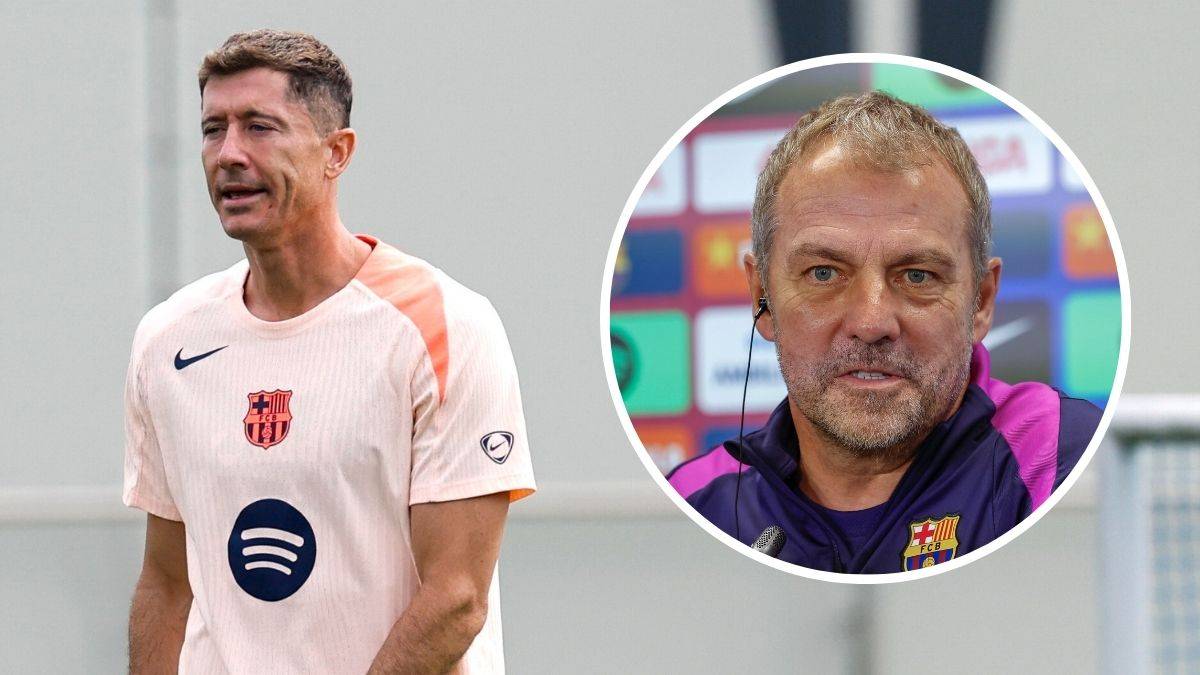 Portret sportowca Roberta Lewandowskiego po lewej stronie i portret trenera Hansiego Flicka w okręgu po prawej.