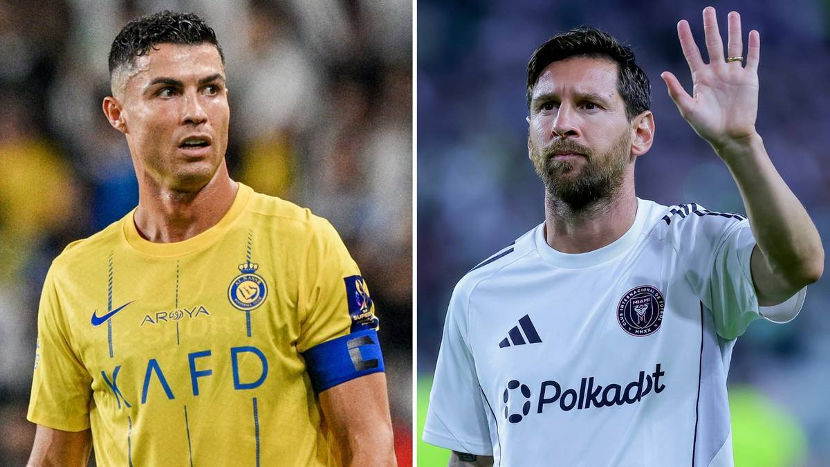 Dwóch znanych piłkarzy: Cristiano Ronaldo w żółtej koszulce i Lionel Messi w białej koszulce.