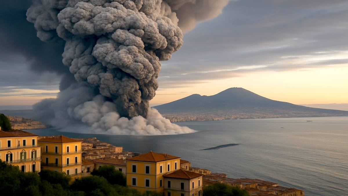 Artystyczna wizja erupcji wulkanu w Puzzoli. Fot. Pixabay.