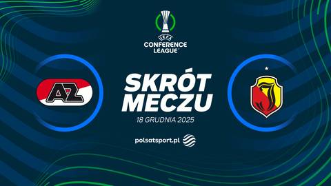 Logo AZ Alkmaar po lewej, logo Jagiellonii Białystok po prawej, z napisem SKRÓT MECZU pośrodku.