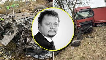 Kolaż przedstawiający zniszczony samoch&oacute;d osobowy, portret Janusza Ratajczaka oraz uszkodzoną kabinę ciężar&oacute;wki.