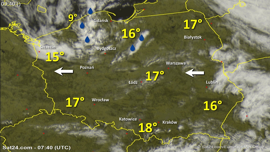 Zdjęcie satelitarne Polski w dniu 22 maja 2018 o godzinie 9:40. Dane: Sat24.com / Eumetsat.