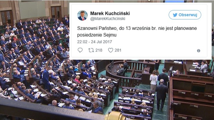 "Do 13 września br. nie jest planowane posiedzenie Sejmu" - Marszałek Kuchciński na Twitterze