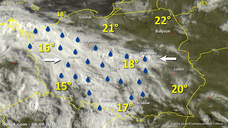 Zdjęcie satelitarne Polski w dniu 11 lipca 2018 o godzinie 8:05. Dane: Sat24.com / Eumetsat.