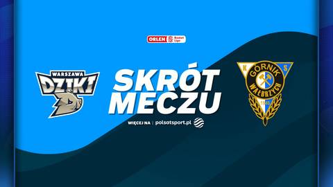 Logo drużyny Dziki Warszawa po lewej stronie, tekst "SKR&Oacute;T MECZU" na środku, oraz logo drużyny G&oacute;rnik Zamek Książ Wałbrzych po prawej stronie.