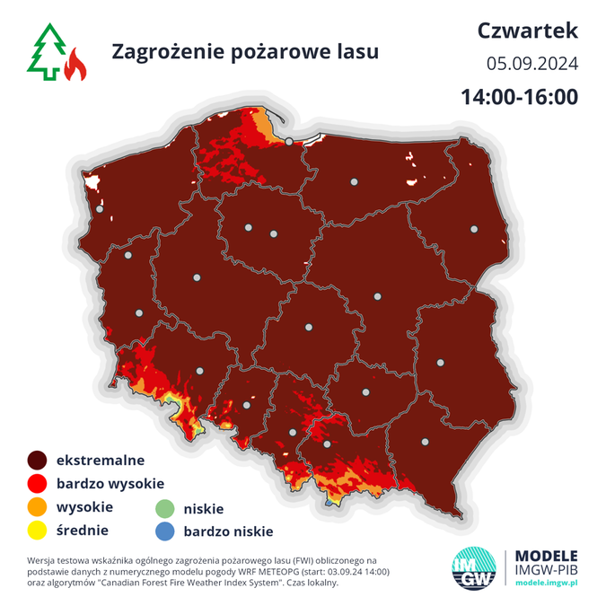 Zagrożenie pożarami 5 września 2024. Żródło: IMGW