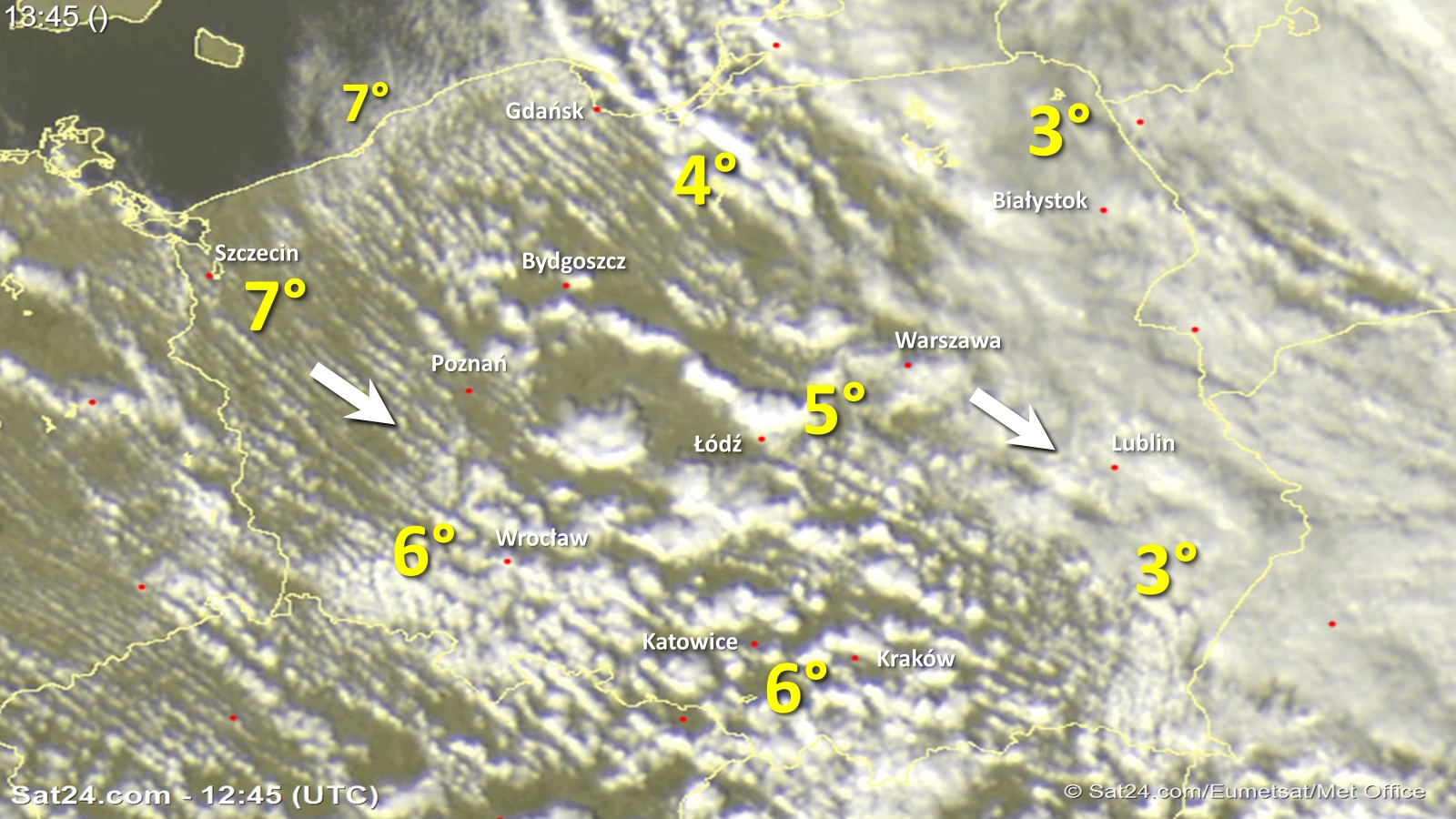 Zdjęcie satelitarne w dniu 30 października 2017 o godzinie 13:45. Dane: Sat24.com / Eumetsat.