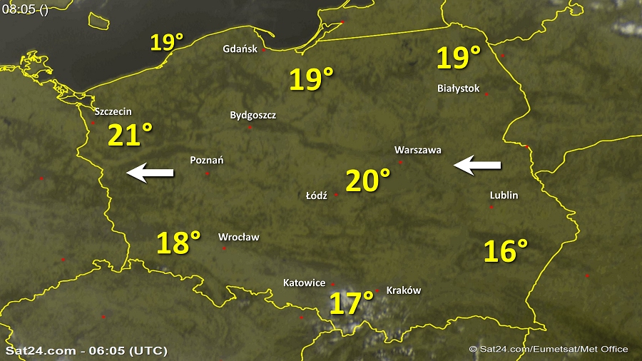 Zdjęcie satelitarne Polski w dniu 29 maja 2018 o godzinie 8:05. Dane: Sat24.com / Eumetsat.