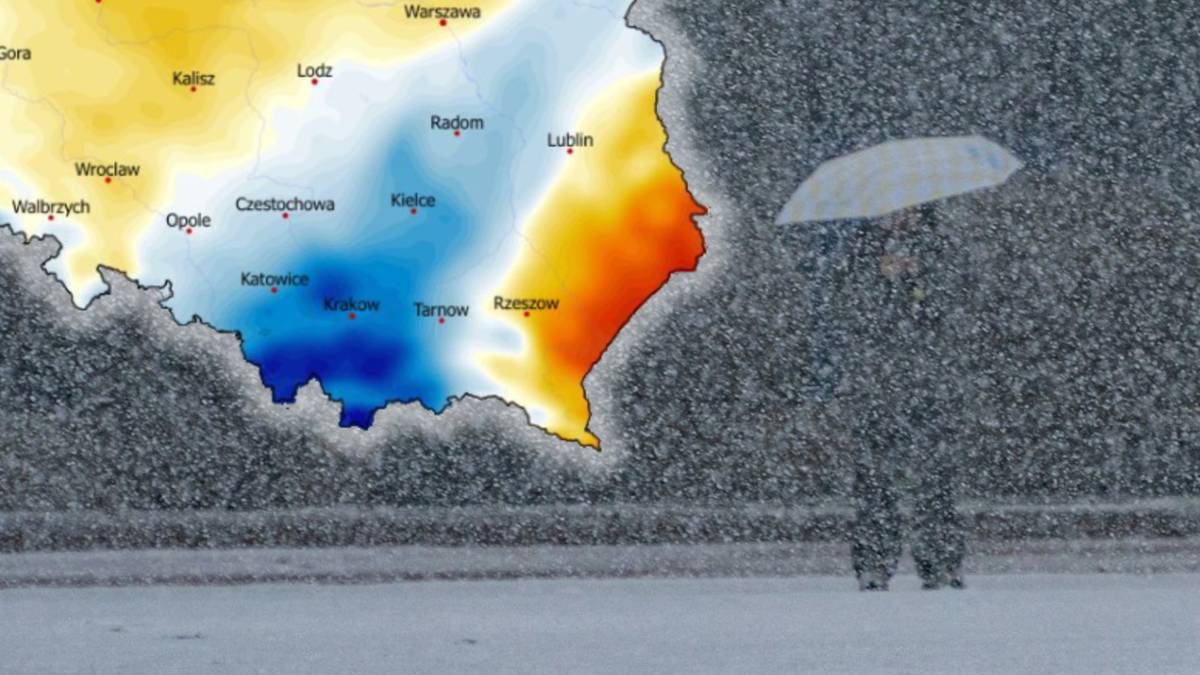 Mapa Polski z zaznaczonymi prognozowanymi opadami i sylwetka osoby z parasolką w zimowej scenerii.