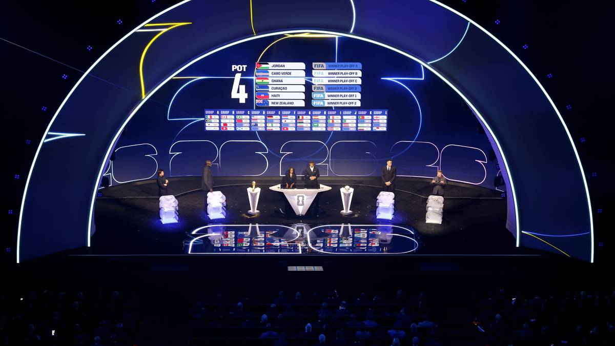 Scena z losowania grup Mistrzostw Świata w Piłce Nożnej, z podświetlanym łukiem, ekranami wyświetlającymi informacje i podium z pucharami.