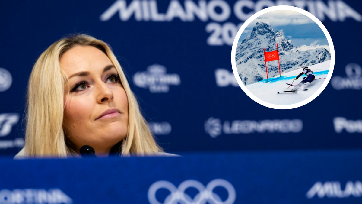 Zbliżenie na twarz Lindsey Vonn, w tle fragmenty grafiki związanej z igrzyskami olimpijskimi oraz małe zdjęcie narciarki na stoku.